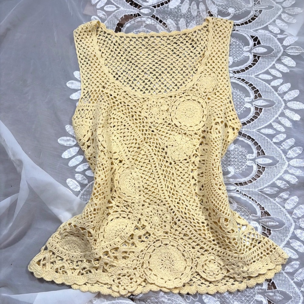 Vintage Coquette Yellow Crochet Tank Top Floral Knit Ramie Cotton Sleeveless L